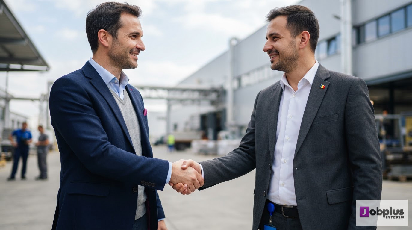 Une poignée de main professionnelle devant une usine symbolisant un partenariat de confiance.