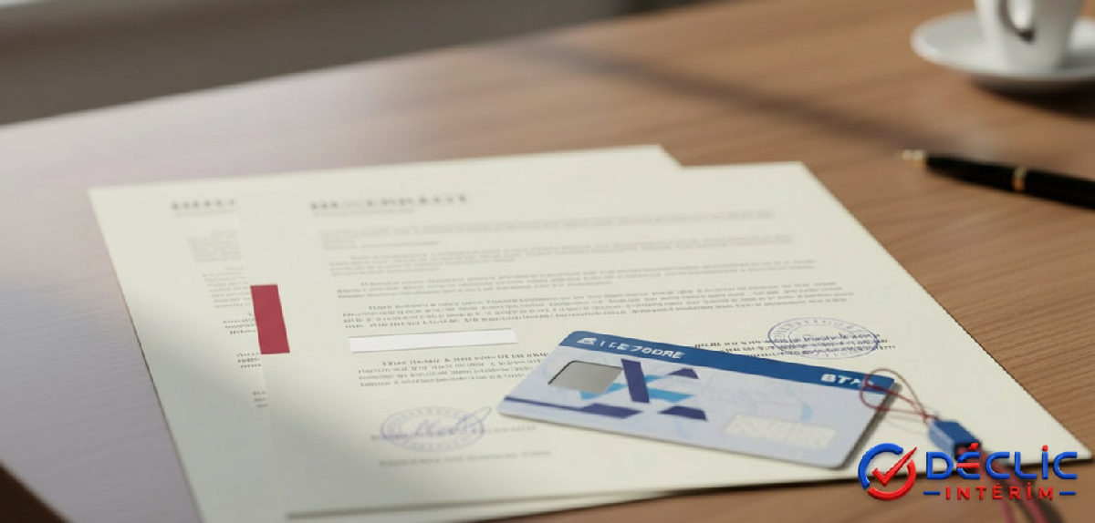 Documents de contrat et carte BTP sur un bureau.