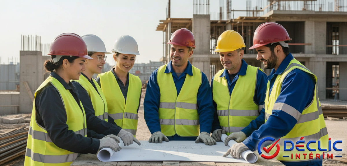 Ouvriers français et roumains discutant un plan de construction.