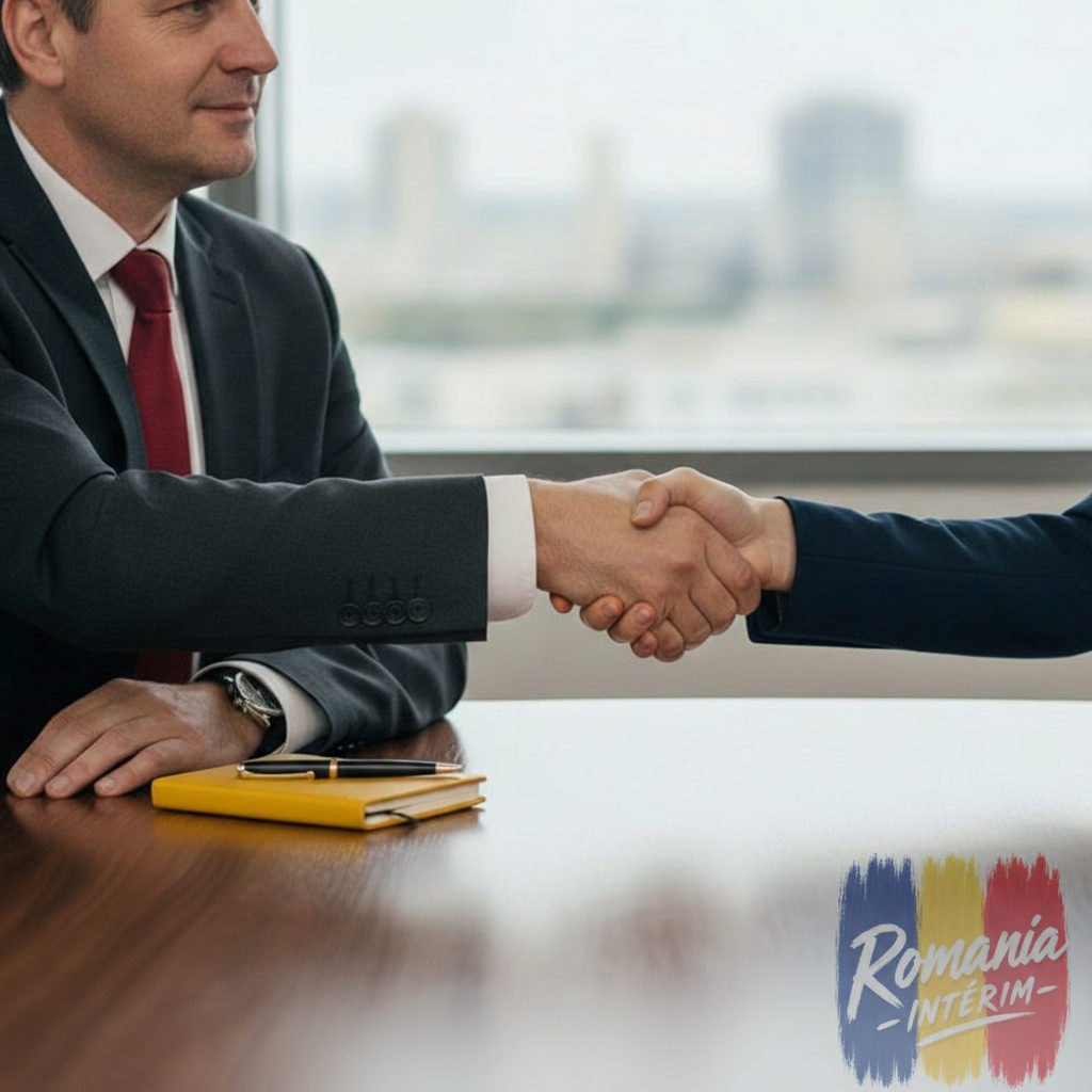 Poignée de main entre un patron français et un représentant d'agence roumaine.