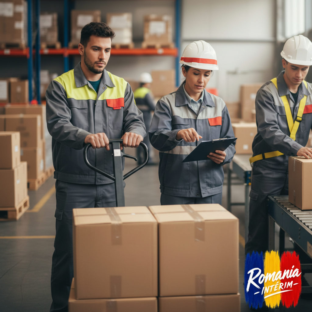 Travailleurs intérimaires roumains productifs dans un entrepôt en France.