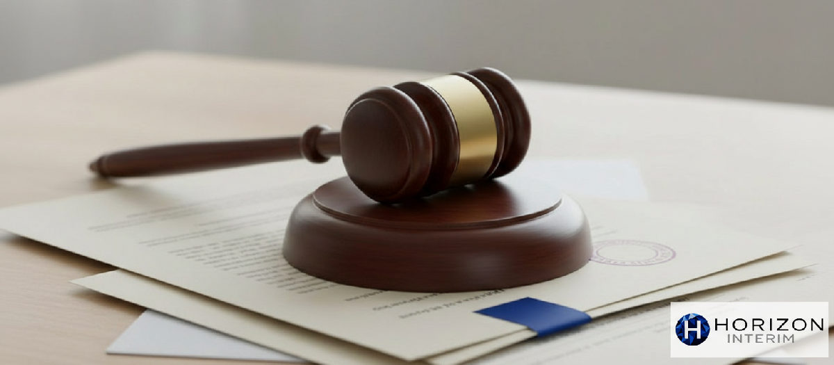 Marteau de justice sur des documents officiels symbolisant les risques juridiques.