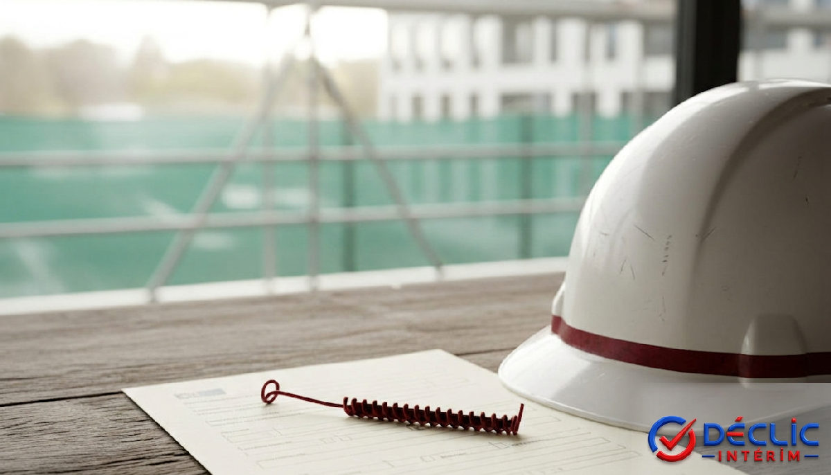 Document de détachement européen à côté d'un casque de chantier.