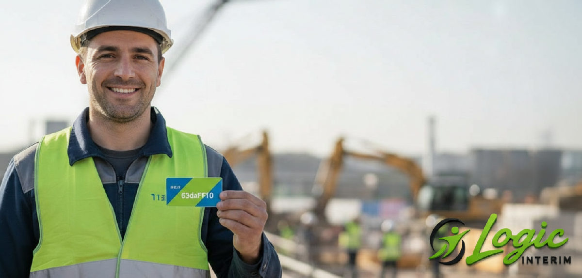 Travailleur roumain souriant sur chantier français avec badge.