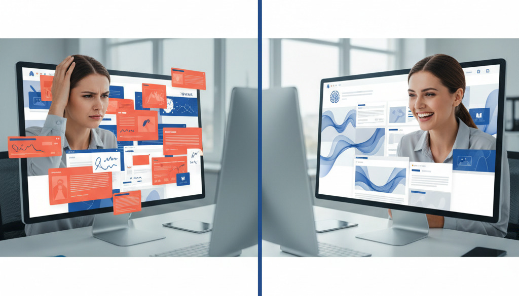 Confused user on cluttered site versus happy user on clean AI-optimized site.