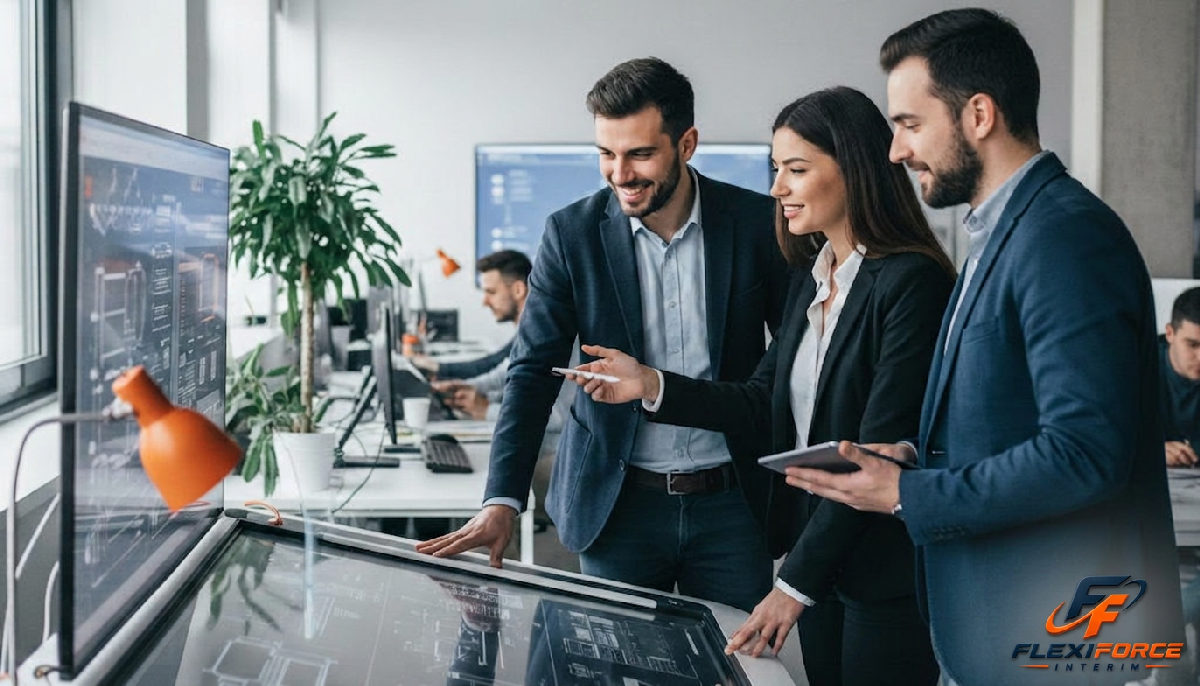 recrutement intégration ingénieurs roumains - Ingénieurs roumains collaborant sur un projet technique complexe.