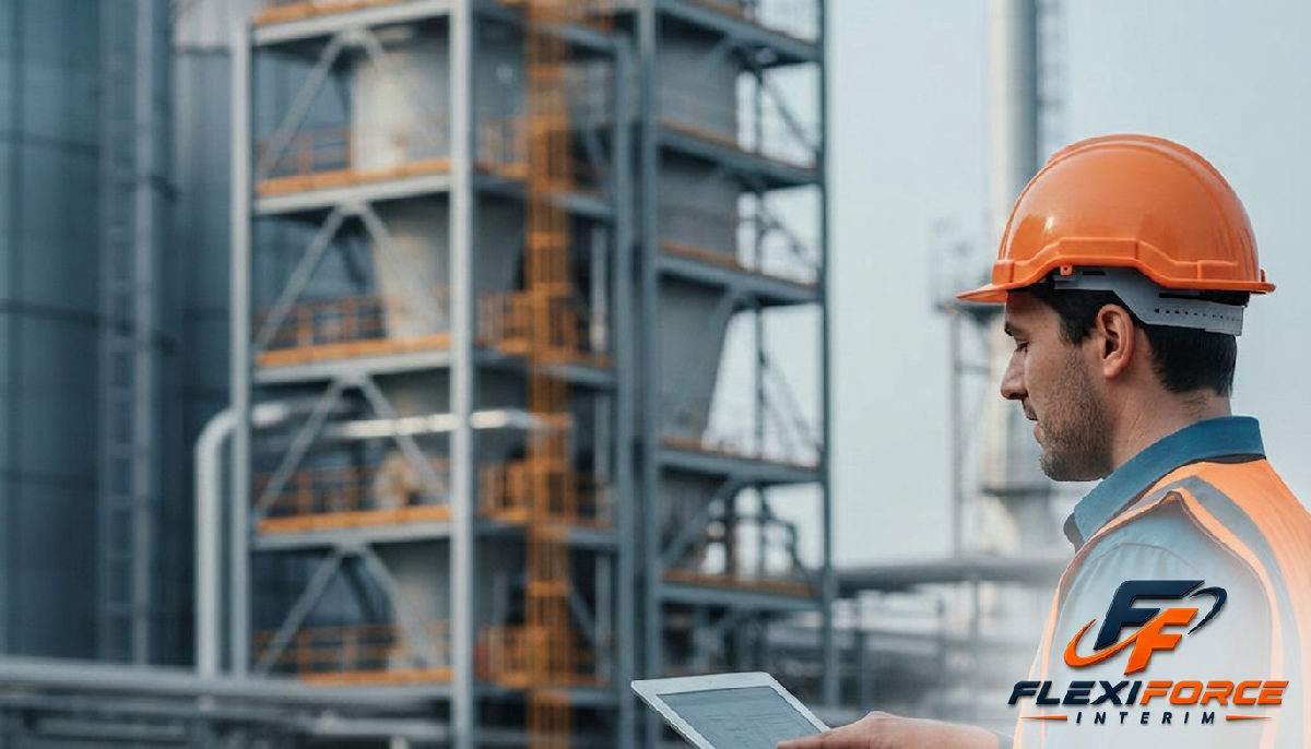 Ingénieur consultant un plan technique sur tablette dans un site industriel.
