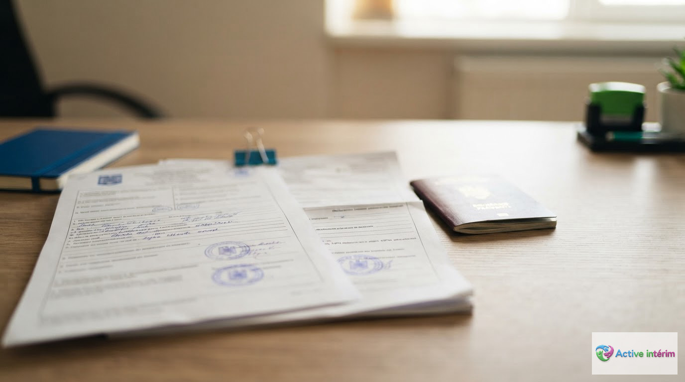 Documents de recrutement international et passeport roumain sur un bureau.