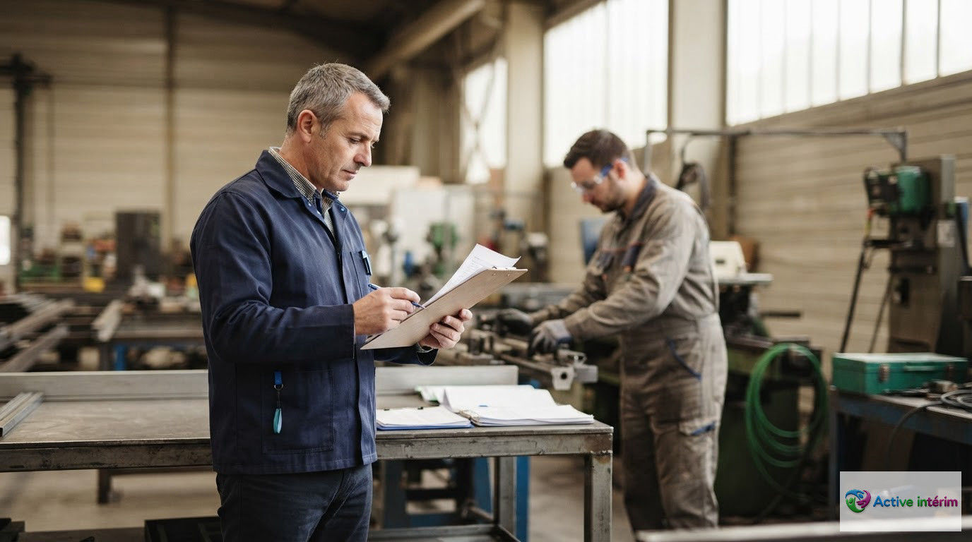 Un inspecteur du travail vérifiant des documents devant un opérateur industriel.