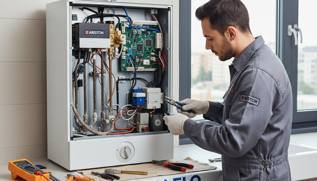 service/reparatii boiler electric in Bucuresti/ilfov - Tehnician servicează un boiler electric în București/Ilfov.