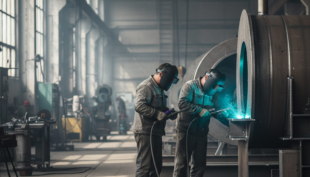 chaudronniers roumains industrie lourde - Atelier de chaudronnerie: des ouvriers sur une pièce métallique.