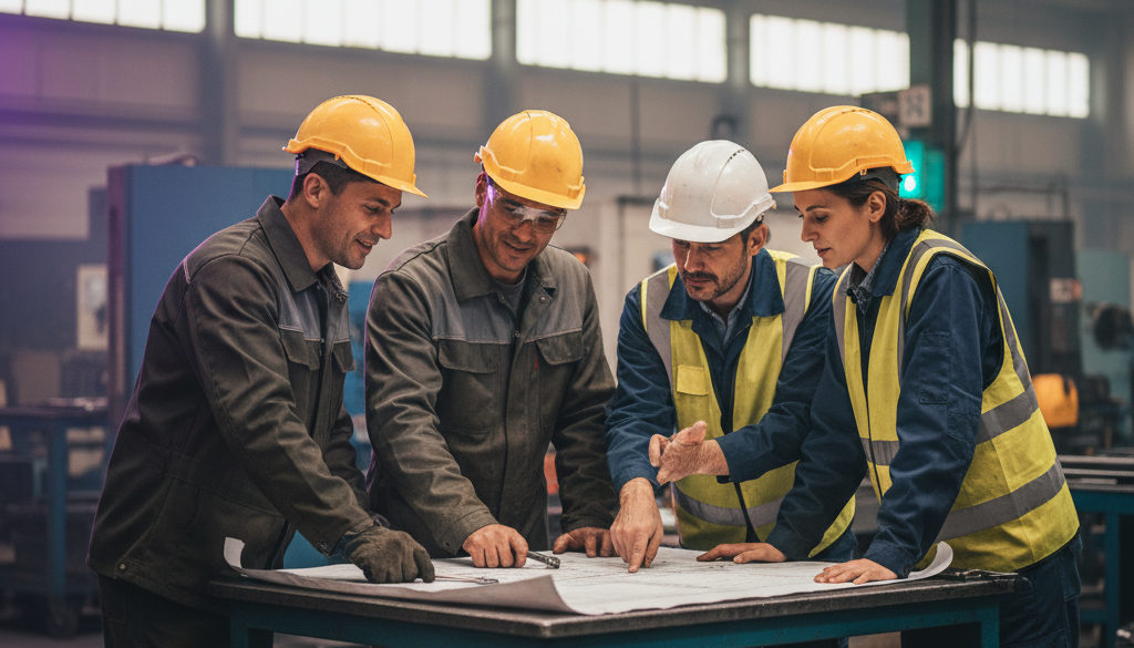 Chaudronniers et ingénieurs discutant d'un plan dans une usine.