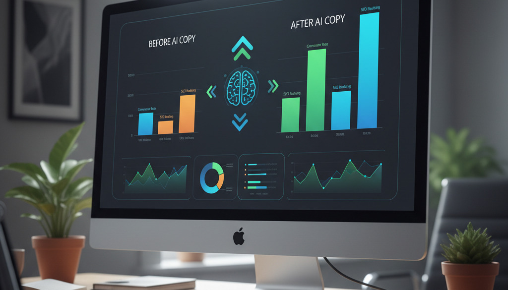 Dashboard shows improved e-commerce analytics with AI copy.
