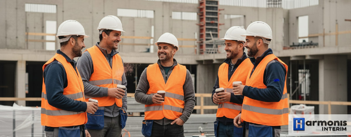 Intérimaires roumains et français en pause-café sur un chantier.