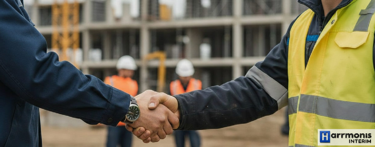 Poignée de main entre responsable français et intérimaire roumain sur chantier.