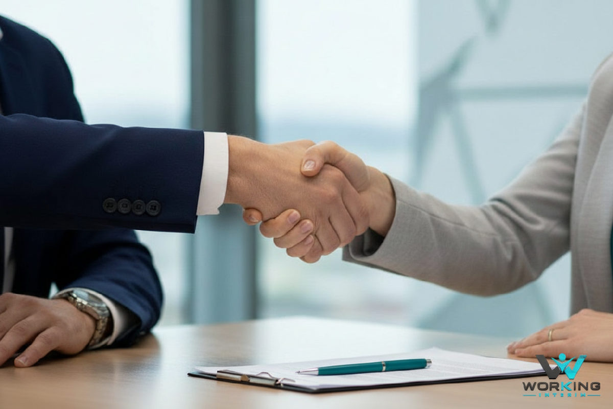 Poignée de main entre manager français et recruteur polonais, symbole de partenariat.