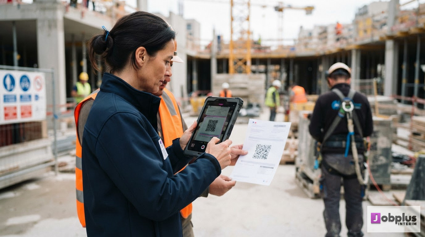Un inspecteur du travail vérifie le récépissé QR code sur un chantier.