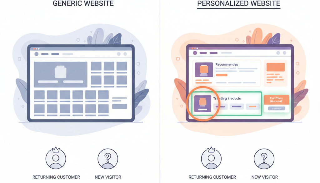 Split screen comparing generic to personalized AI-driven websites for customer engagement.