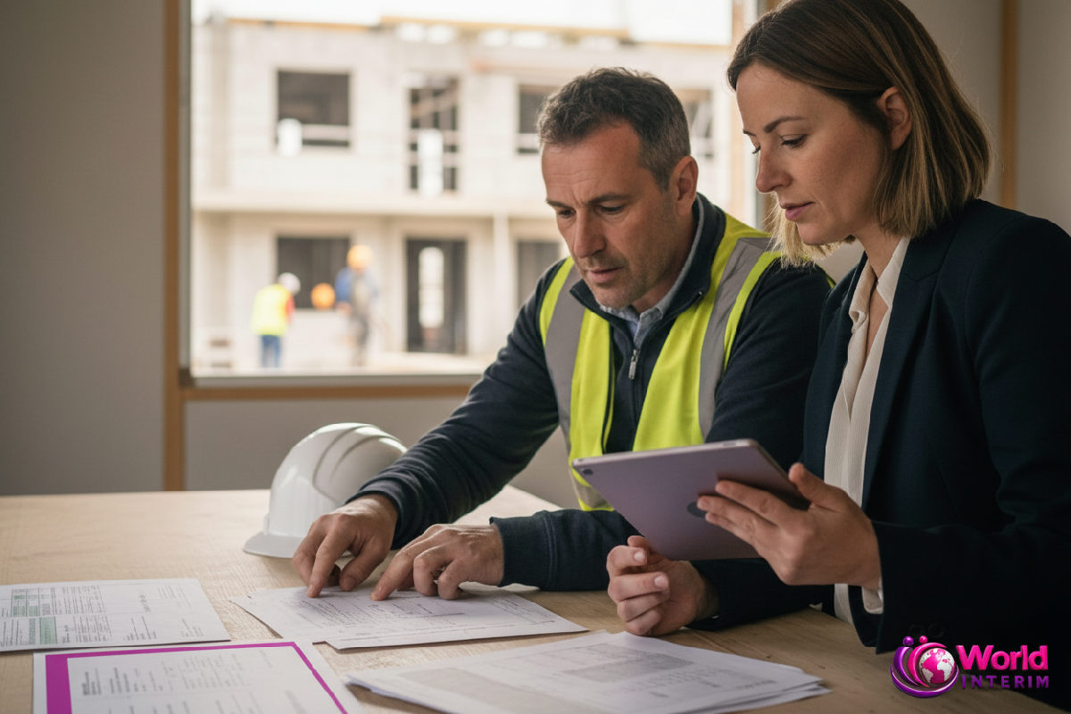 Vérification de documents d'assurance sur un chantier.