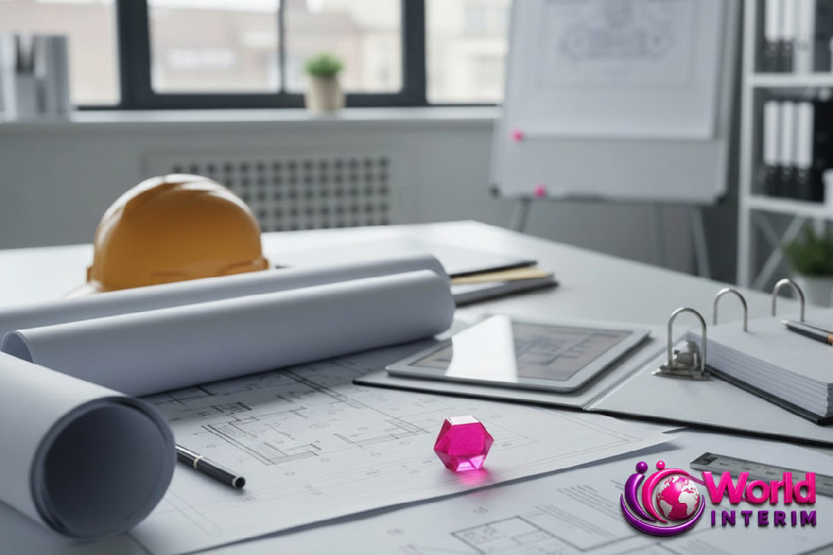 Bureau de chantier avec plans, symbolisant la gestion administrative.