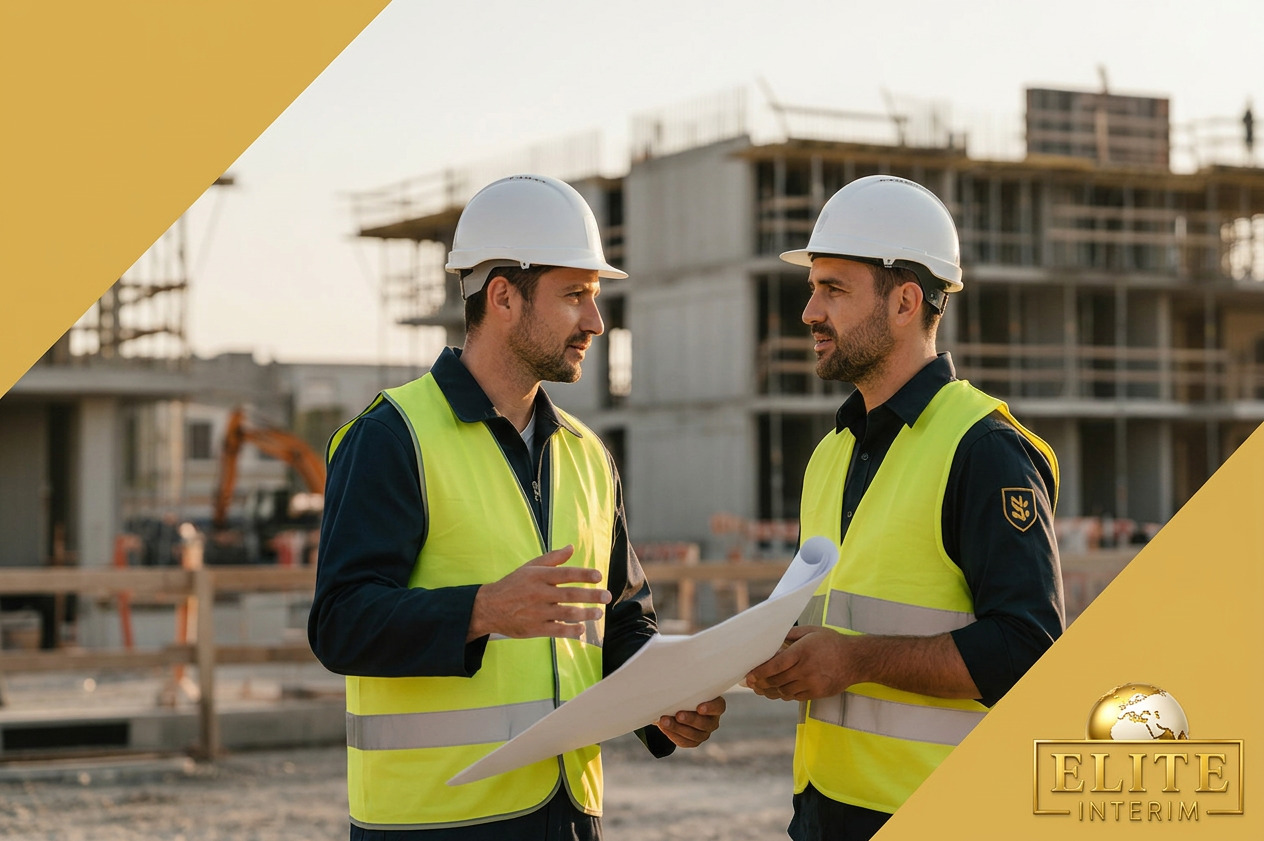 Chef de chantier et équipe détachée collaborant efficacement sur site.