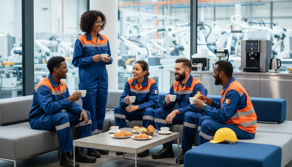 Équipe d'ouvriers français et roumains partageant une pause café.