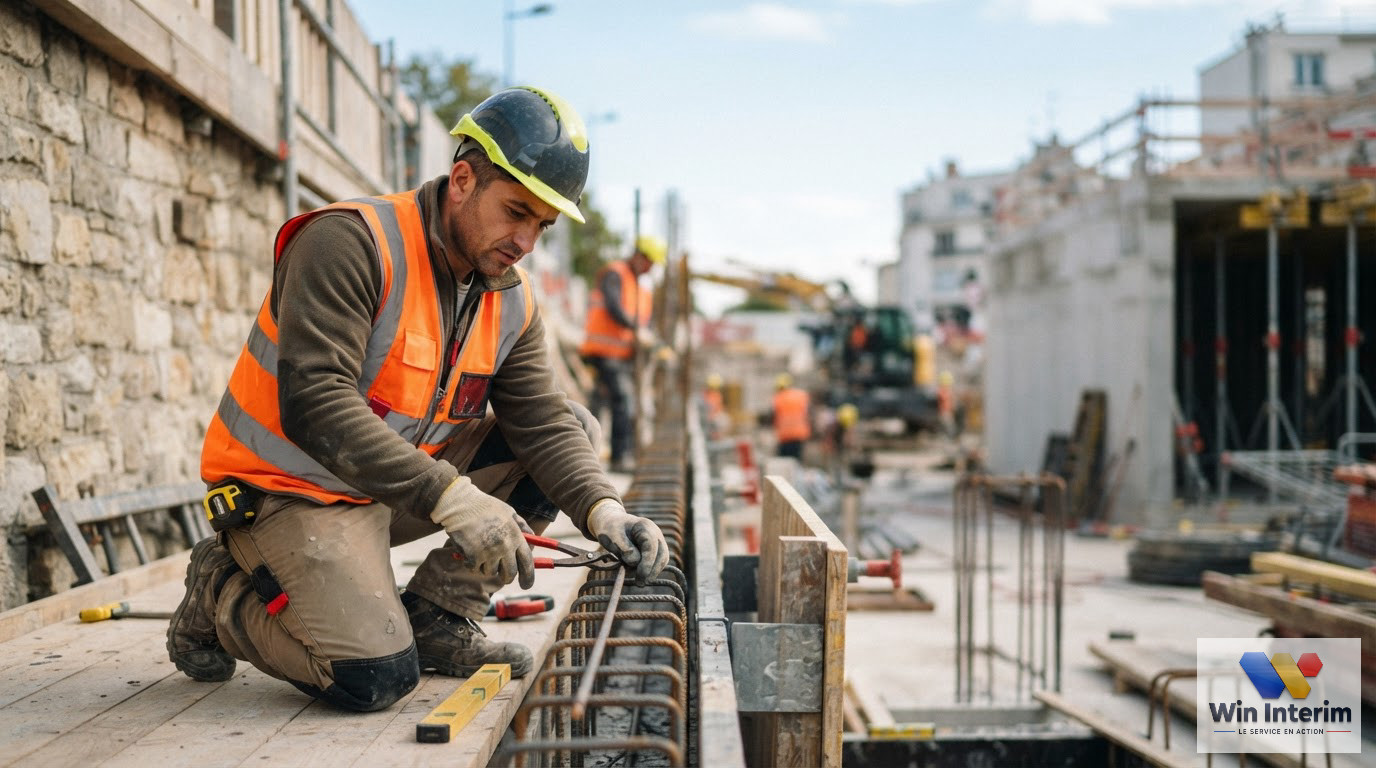 Un ouvrier roumain qualifié en tenue de sécurité sur un chantier en France.