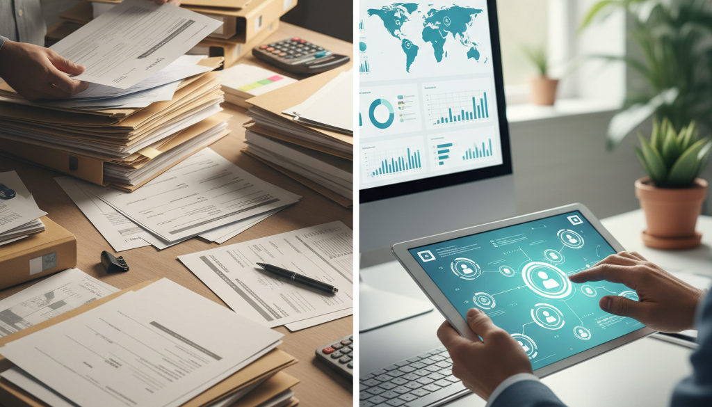 Processus RH manuel comparé à une plateforme numérique moderne.