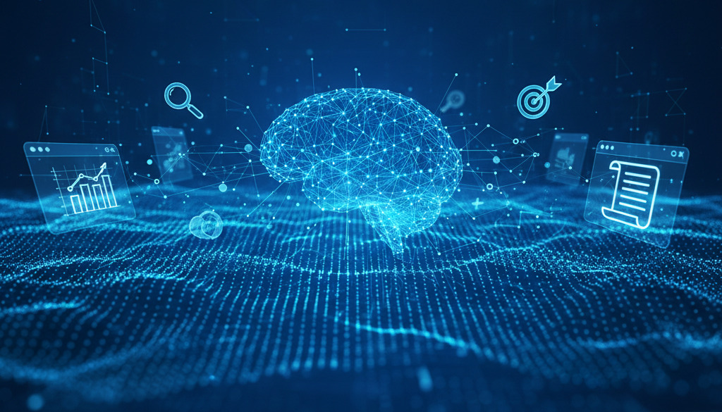Digital concept of AI-driven content optimization in SEO.