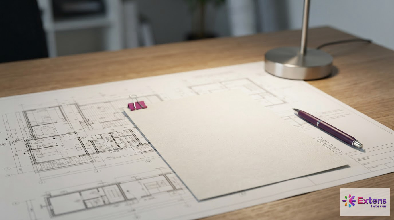 Un formulaire de détachement posé sur des plans de construction architecturaux.