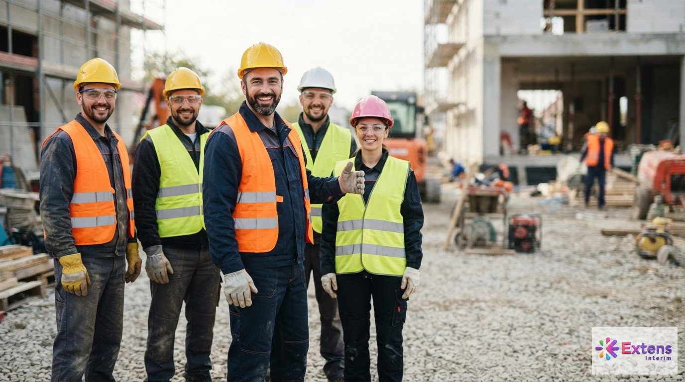 Des ouvriers du bâtiment souriants équipés de leurs protections individuelles.