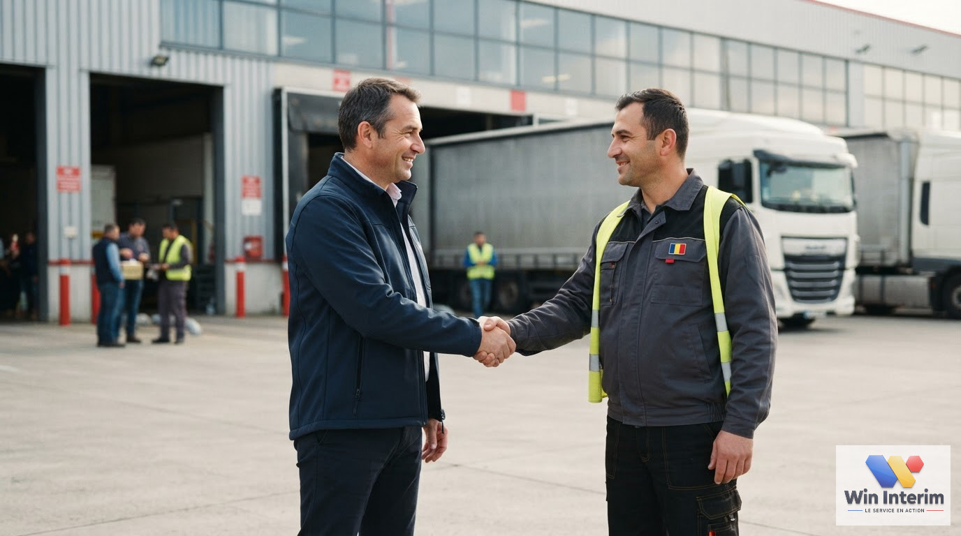 Poignée de main professionnelle entre un recruteur et un chauffeur devant un entrepôt.