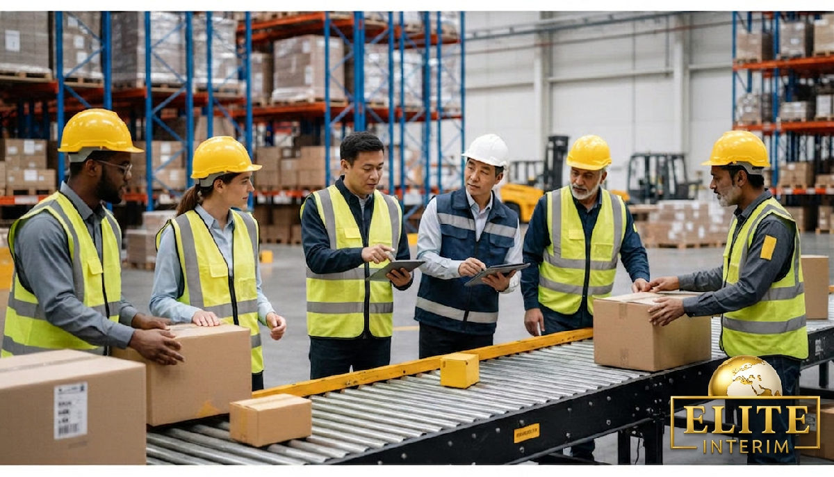Équipe diversifiée et productive dans un cadre logistique.