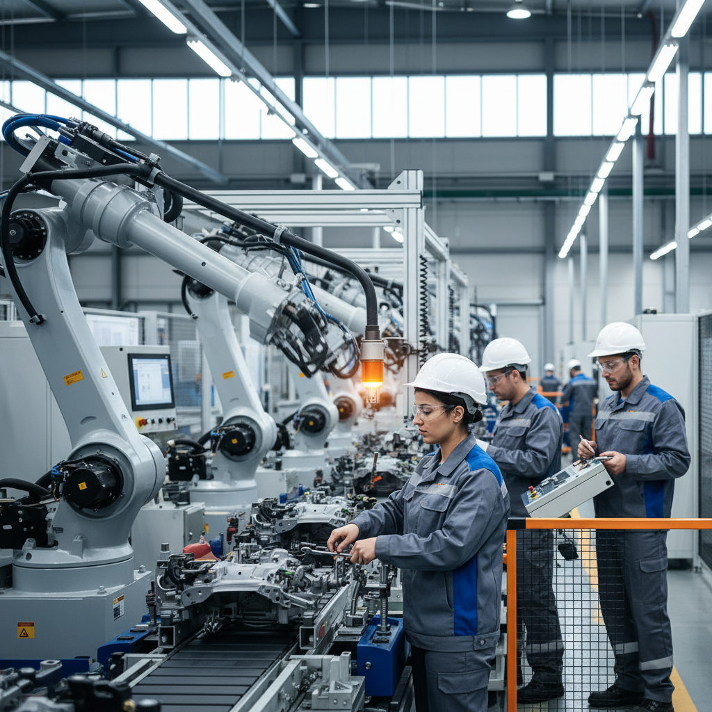 main-d'œuvre roumaine industrie compétitivité – Une ligne de production industrielle moderne en France montrant l