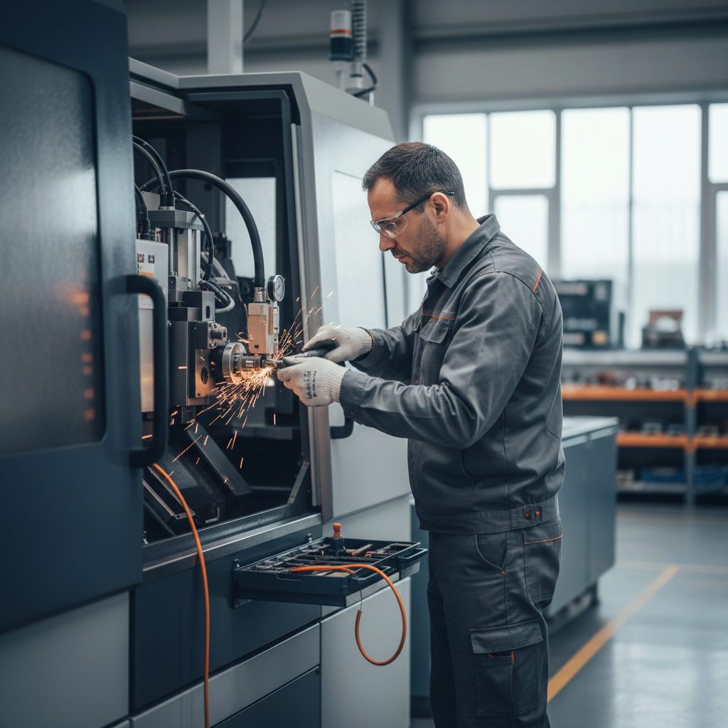 Un ouvrier qualifié d'origine roumaine travaillant avec précision sur une machine industrielle, illustrant la compétence et la fiabilité.