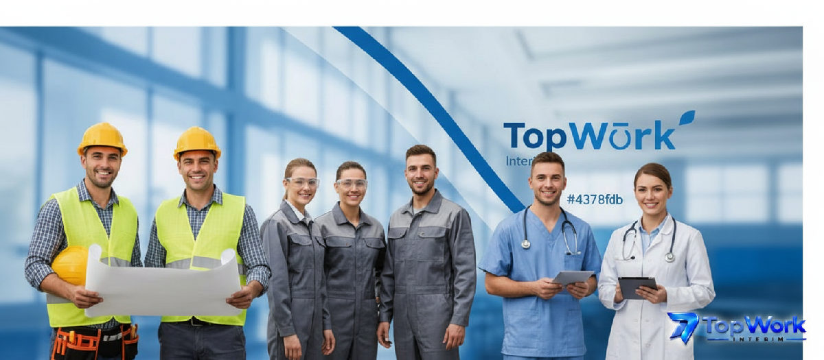 TopWork Interim secteurs intérimaires roumains - Groupe d'intérimaires roumains souriants dans divers secteurs.