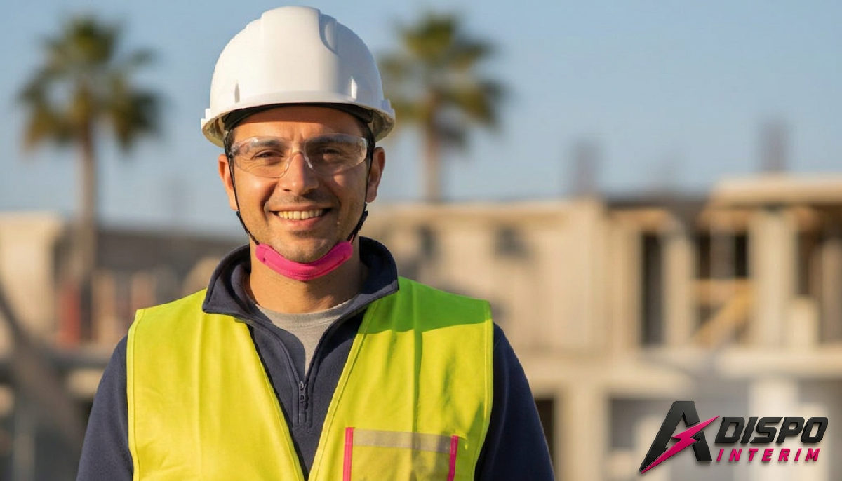 Technicien roumain souriant sur un chantier ensoleillé à Nice.