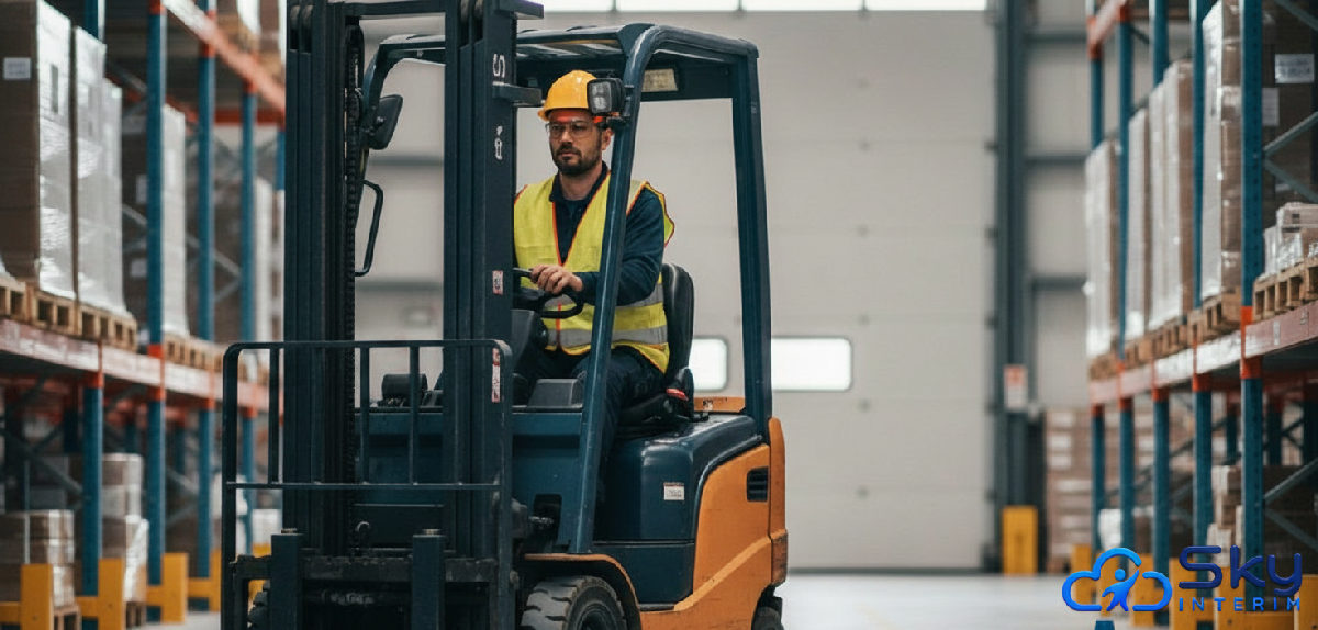quelle formation sécurité pour cariste roumain en France - Cariste manipulant un chariot élévateur dans un entrepôt logistique.
