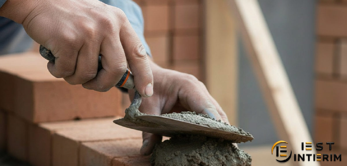 Mains expertes d'un maçon étalant du mortier avec précision.