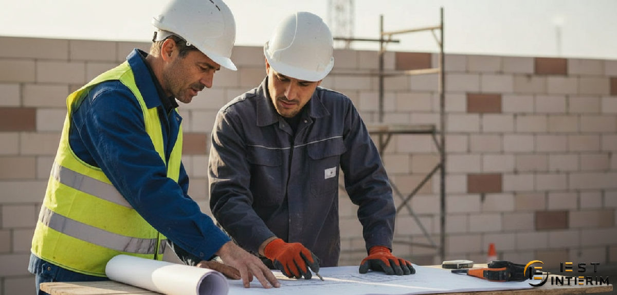 Chef de chantier français et maçon roumain discutant d'un plan.