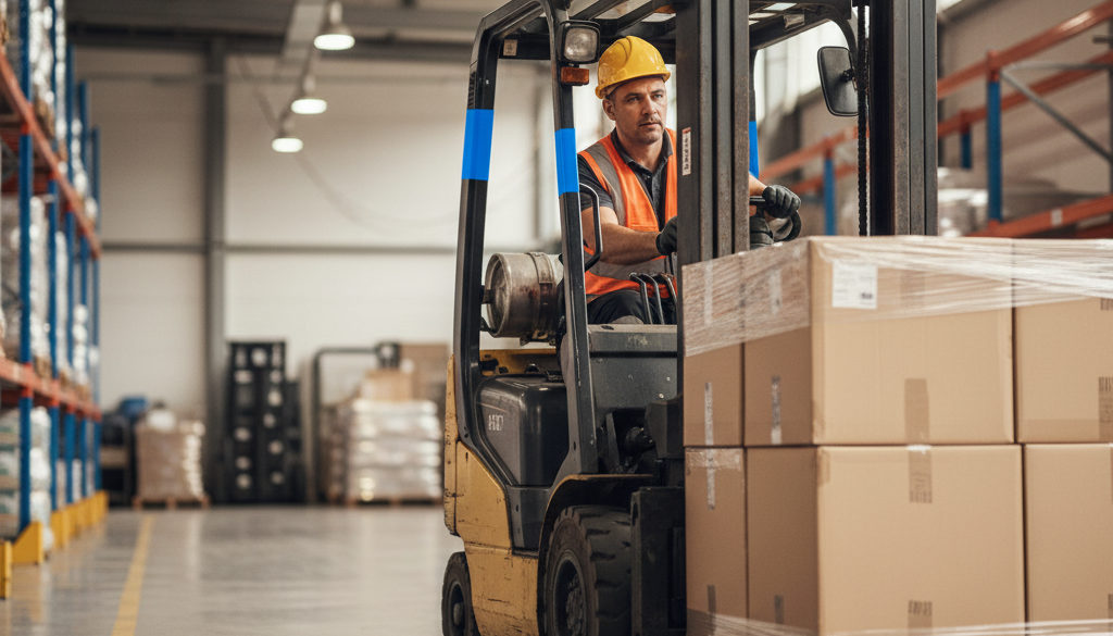 Cariste roumain expert manipulant des marchandises en entrepôt.