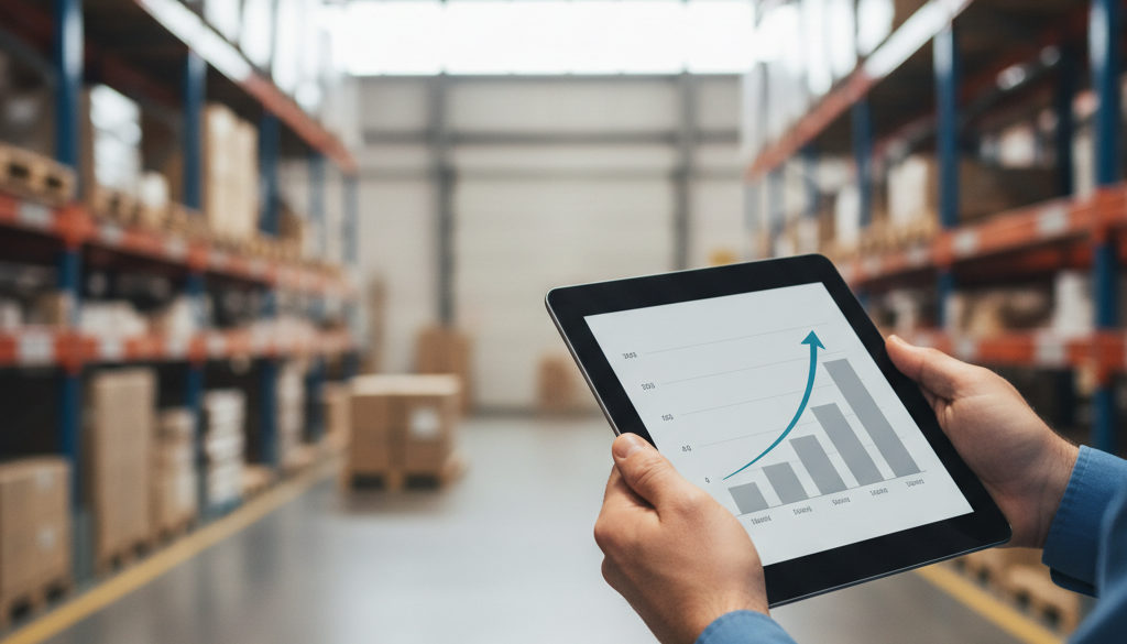 Graphique de performance logistique sur tablette en entrepôt.