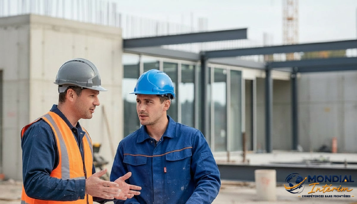 comment évaluer compétences ouvrier roumain? - Conducteur de travaux et ouvrier roumain sur un chantier moderne.