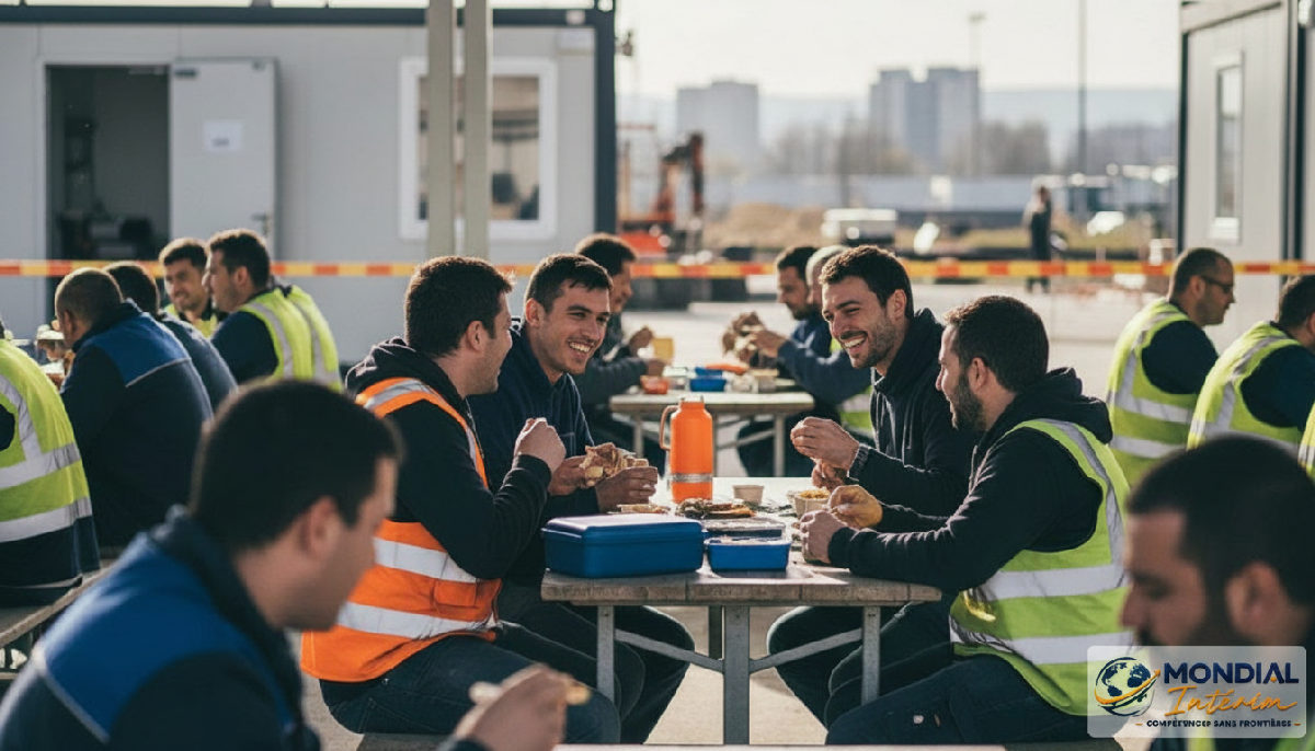 Équipe mixte franco-roumaine partageant un repas à la base de vie.