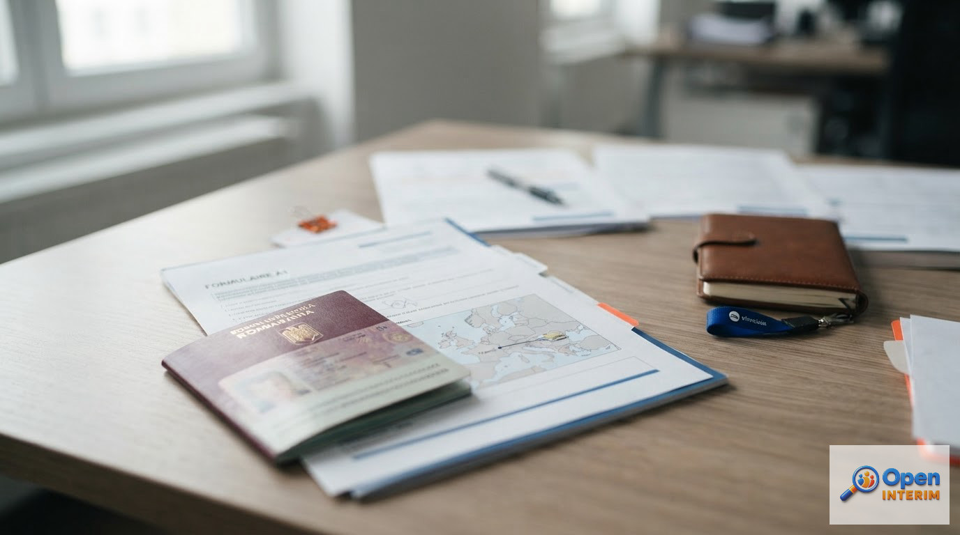Un bureau avec des documents administratifs et une carte de l'Europe.