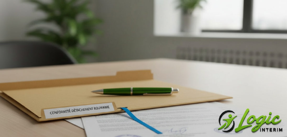 Bureau avec dossier 'Conformité Détachement Roumanie' et documents officiels.