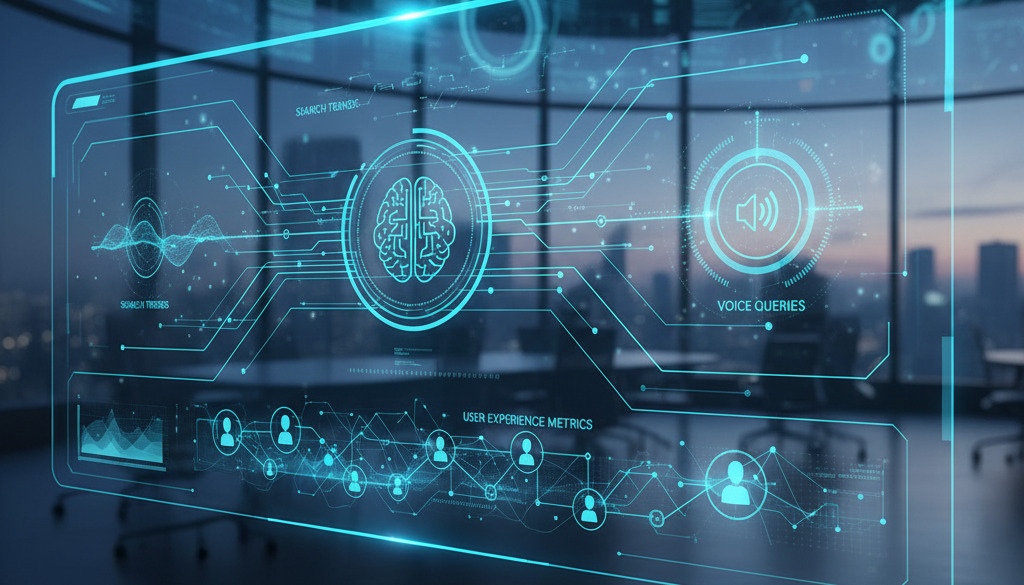 AI dashboard visualizing future SEO trends and user metrics.