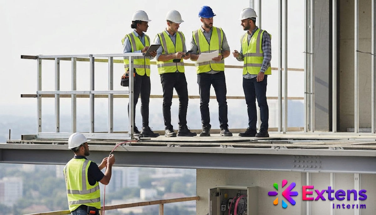Équipe de construction diversifiée travaillant sur un chantier moderne.