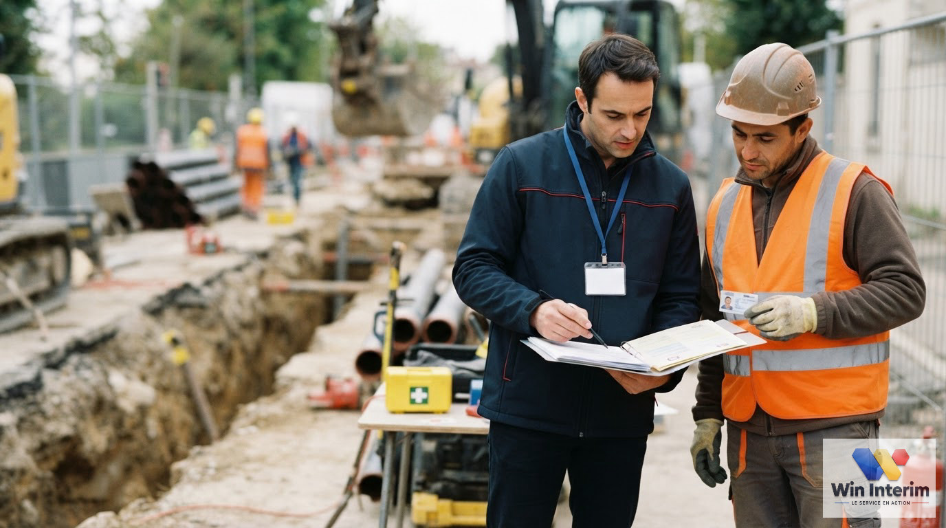Un inspecteur vérifie les documents administratifs d'un ouvrier sur un chantier.