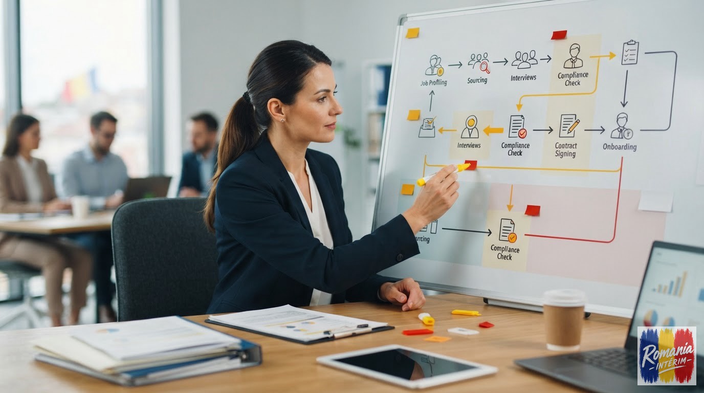 Un graphique illustrant les étapes du recrutement et la conformité en Roumanie.